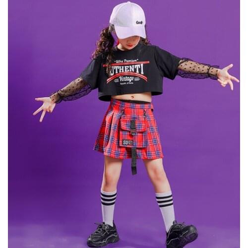 Kids Cool Hip Hop Clothing Sweatshirt Crop Top Black Lace T Shirt Red Plaid Skirt Girls Carnival Jazz Dance Costume Clothes Wear