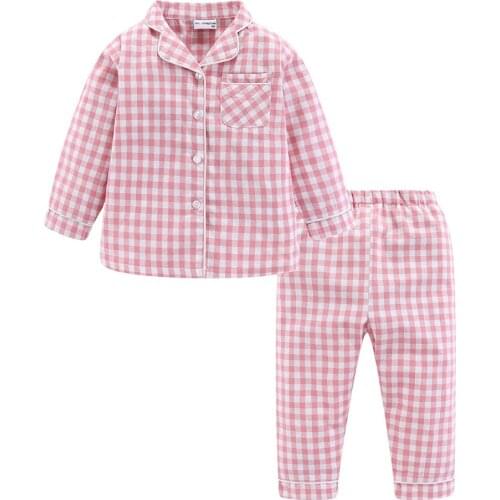 Mudkingdom Boys Girls Long Sleeve Pajamas Set Collared Plaid Autumn Cute Toddler Pajama Kids Sleepwear Children Clothes