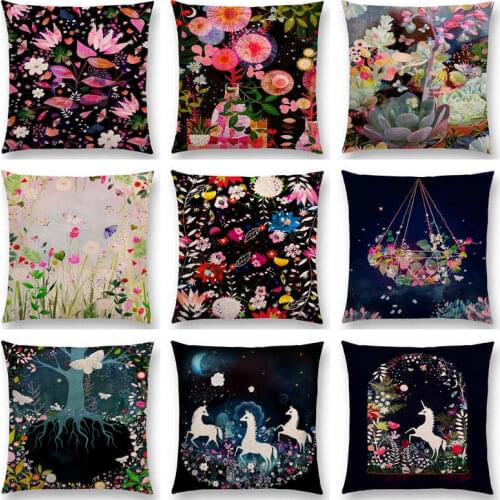 Hot Sale Aurora Horse Flowers Leaf Tree Floral Garden Magical Dream Fantasy Night Forest Fox Deer Unicorn Cushion Sofa Pillow