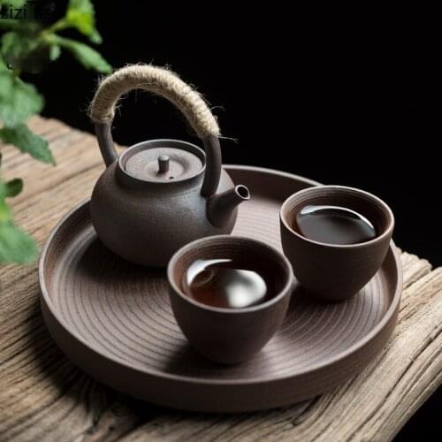 Stoneware Teapot Ceramics Kung Fu Tea Set 1 Pot 2 Cups Round Tea Tray Home Water Jug Pitchers Tea Utensils Tea Making Equipment