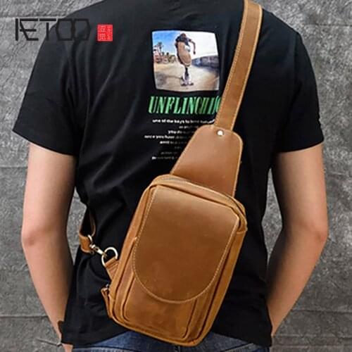 AETOO Retro leather chest bag, first layer cowhide mens chest bag, casual messenger bag