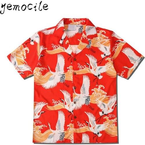 Mens Shirts Chinese Style Crane Print Red Short Sleeve Casual Male Shirt 2020 New Hip Hop Streetwear Loose Women Blouses Unisex