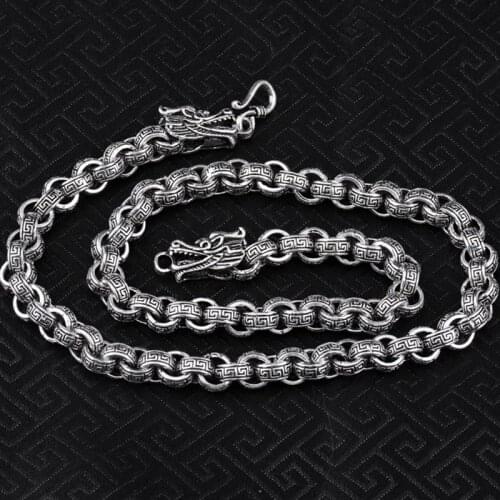925 Sterling Silver color Double Dragon Head Men Necklace Vintage Punk Thai Silver Round Link Chain Male Necklace Fine Jewelry