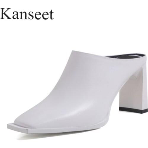 Kanseet 2021 Summer New Arrival Womans Slippers Fashion Black White Genuine Leather Concise Handmade 7.5cm High Heels shoes