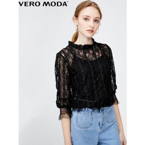 Vero Moda Women Vintage See-through Pleated Elastic 3/4 Sleeve Lace Top | 320130534