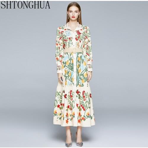 2020 Autumn Runway Vintage Flower Print Dress Womens Long Sleeve Stand Gorgeous Big Swing Dress Female Sashes Holidays Dress