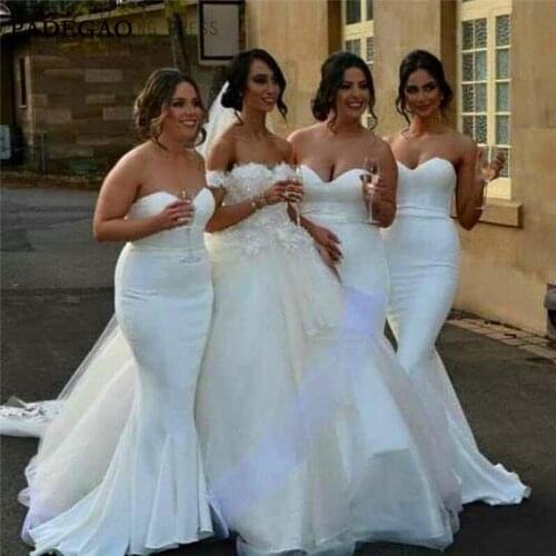 Simple White Bridesmaids Dresses Mermaid Sweetheart Sleeveless Sweep Train Ruched Satin Cheap Bridesmaids Dresses
