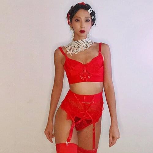 Retro Sexy Red Bikini Suit Bar Jazz Gogo Dancing Performance Clothes Rave Outfit Nightclub DJ Dancer Show Stage Wear VDB3789