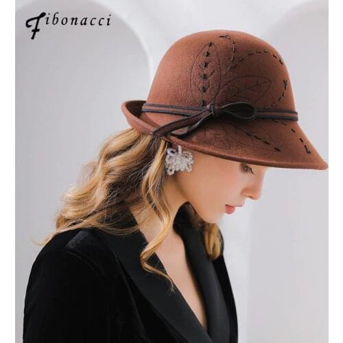 Fibonacci 2018 New Autumn Winter Female Irregular Brim Fedoras Wool Felt Trilby Hat Dome Floral Bowler Women Fedora Hats