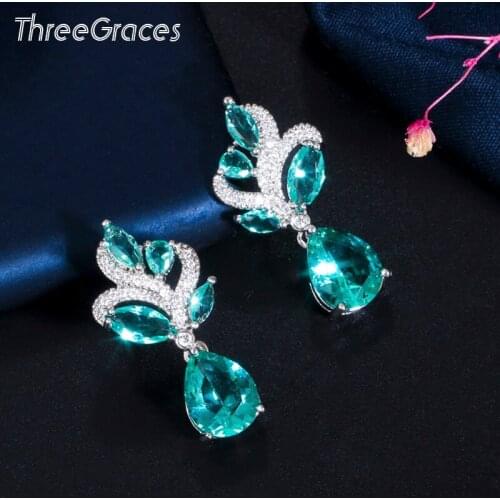 ThreeGraces Cute Light Blue Cubic Zirconia Crystal Pear Drop Dangle Earrings for Women 2020 New Fashion Korean Jewelry ER507