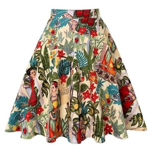 Summer 50 60s High Waist Skirts Ladies Retro Skirts Floral Printed Elegant Halloween Pleated A Line Womens Casual Skirt