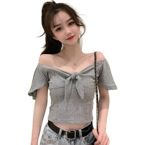 Daxin Womens Solid V Neck Tee Tops Bow Slim Exposed Navel Knitted Short Sleeve Female Crop Top Ladies Shirt