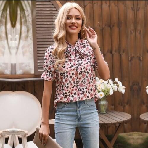 Elegant Lace Up Bow Tie Shirt Summer Short Sleeve Print Chiffon Casual Blouse Office Lady Clothing 2021 Women Tops