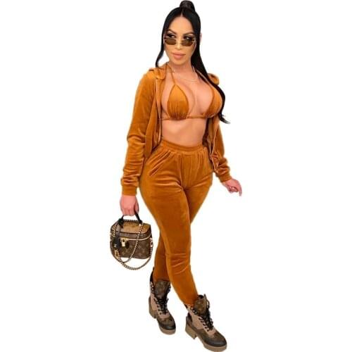 Women Three Piece Set Jacket Bra Top Casual Velvet Jogging Track Pants Sporty Set Female Matching Sets Clothing Outfit Tracksuit