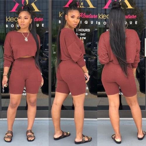 Hot Women Slim Daily Outfits Shorts, Long Sleeve Solid Color Round Neck T-shirt Side Pocket Shorts Casual Style Clothes Set