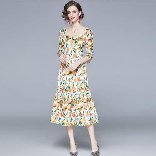 Summer Women Fruit Print Dress 2021 Fashion Runway Sweet Square Collar Half Sleeve Holiday Dress Ladies Elegant Slim Midi Dress