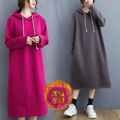 Winter Korean Clothes Simple Solid Color Dresses Plus Velvet Thick Oversized Womens Drawstring Hooded Sweatshirt Cotton Dress