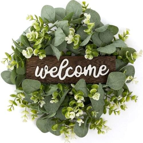 Welcome Sign with Garland Door Decoration Wooden Hanging Sign with Artificial Eucalyptus Farmhouse Porch Decoration