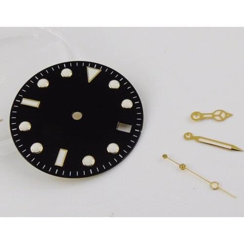 28.5MM Nologo fit NH35A Sterile Black Watch Dial Date Window Watch Needles fit SUB Case