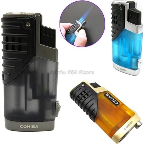 COHIBA High-end Classic 3 Flame Cigarette Cigar Tobacco Fire Lighter With Cigar Punch Gift Box Smoking Tool Portable Windproof