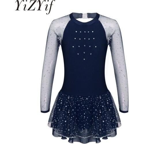 Kids Glittering Rhinestones Long Sleeves Mesh Figure Skating Dress Girls Ballet Gymnastics Leotard Stage Performance Dance Wear