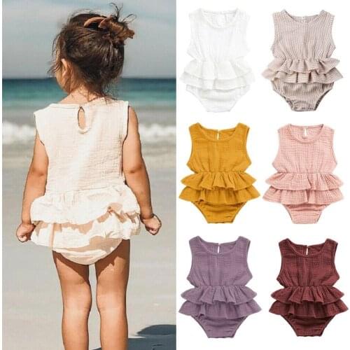 Newborn Baby Girl Princess Rompers Summer Solid Ruffles Sleeveless Cotton Linen Jumpsuit Sunsuit Baby Summer Clothing 0-24M