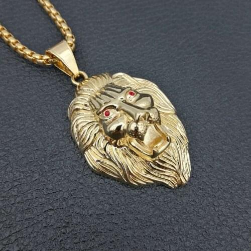 Leo Lion red eyes King Head Face Pendant Golden 316L Stainless Steel HipHop Necklace with 60cm Miami Cuban Curb Chains