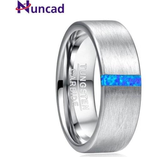 Nuncad 8mm Width Mens Ring Wedding Band Engagement Ring Inlaid Blue Opal Surface Brushed Tungsten Carbide Ring