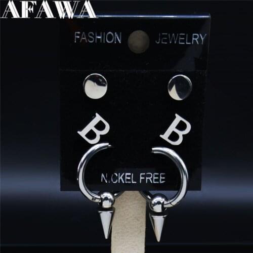 3Pair Punk Stainless Steel Small Earrings Women Silver Color B Letter Earrings Set Jewelry bisuteria acero inoxidable E613023