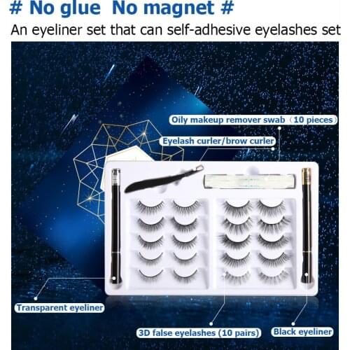10 Pairs Mixed Styles Eyelashes & New Self-adhesive Eyeliner Tweezers Set Waterproof Non Magnet No Glue with Makeup Remover Swab
