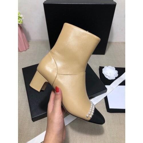 2021 New Fashion Pearls Women Winter Boots Designer Luxury Round Toe Bow Beading Heels Shoes Ladies Party Ankle Boots Pumps