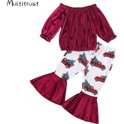 2020 Autumn Fashion Baby Girls Clothes Sets 0-5Y Velvet Long Sleeve Off Shoulder Tops Print Flare Pants 2pcs Autumn Outfit