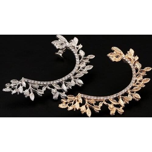 Punk Jewelry Women Gift Gold Silver Plated Crystal Ear Cuff Curved Full Rhinestone Vintage Leaf Zinc Alloy Clip Earrings