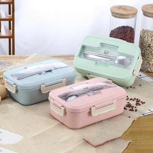 Straw Wheat Student Heated Lunch Box Picnic Food Container Sealed with Spoons Chopsticks 3 Split Layers Food Lunch Box