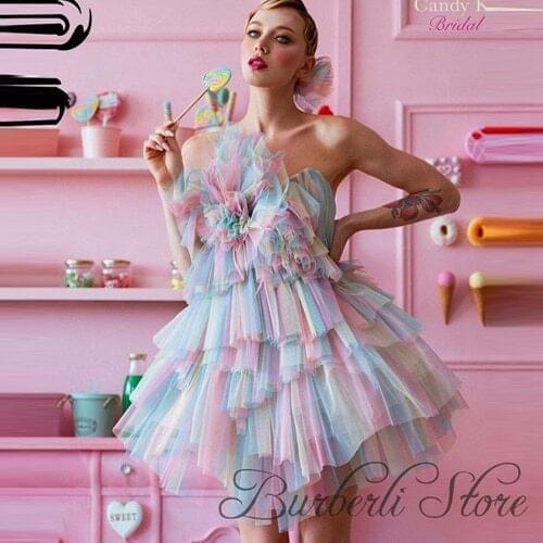 Pretty Sweet Colorful Ruffles Tulle Mini Dress Women Summer Strapless Puffy Tiered Rainbow Color Fashion Tutu Dress Vestidos