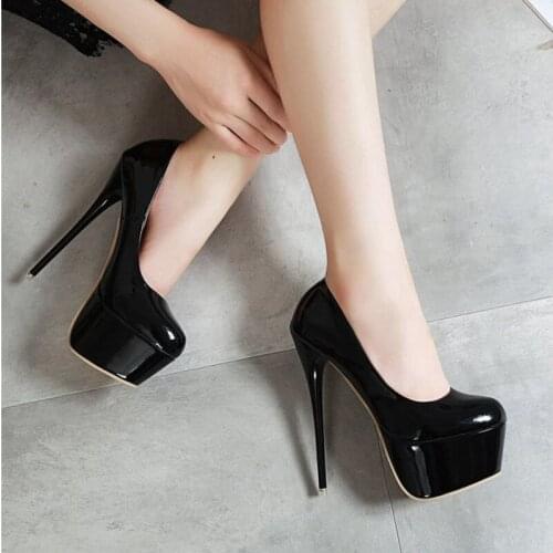 Women Mary Jane Shoes Fashion Pumps Sexy Super High Heel Patent Leather Slip-on Waterproof Shallow Ladies Platform Shoes