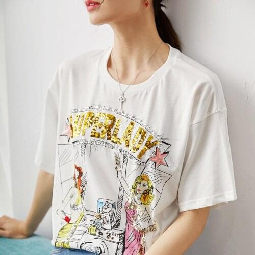 Bead New Sequin nail printing short sleeve T shirt for women 2021 summer loose white T shirt medium long