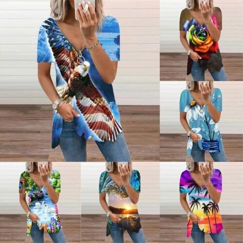 2021 Summer New Zipper Graphic Graffiti Printing Top Short Sleeve T Shirt Casual Plus Size Tees Streetwear Mujer Women Clothing