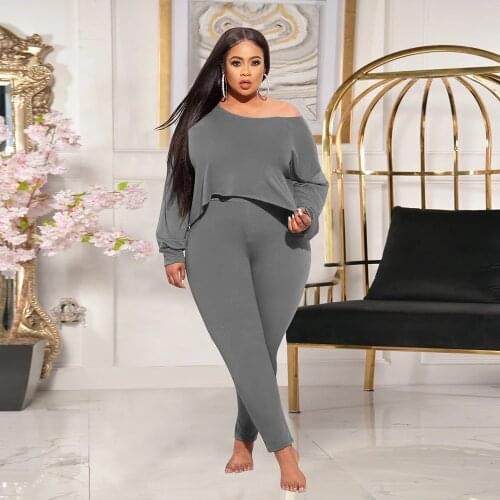 ZJFZML ZZ Women Clothing Two Piece Set Plus Size One Shoulder Long Sleeve Crop Top and Pencil Legging Dropshipping Wholesale