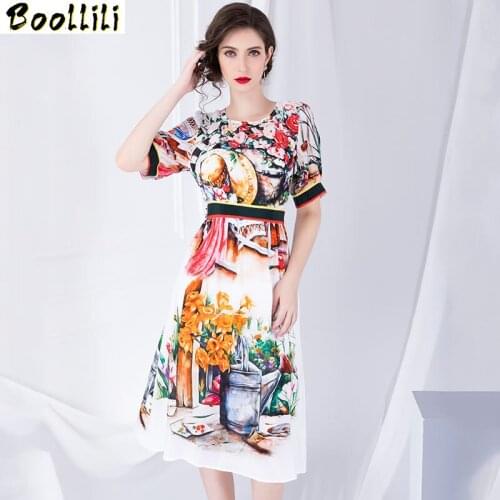 Boollili Real Silk Dress Women Summer Dress Korean Fashion Print Midi Dress Elegant Vintage Party Dress Vestidos Mujer