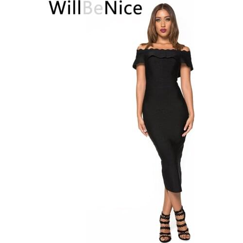 WillBeNice Black Red Cheap Sexy Women Off Shoulder Bodycon Party Ruffle Bandage Dress Bodycon Woman Party Night Elegance Midi