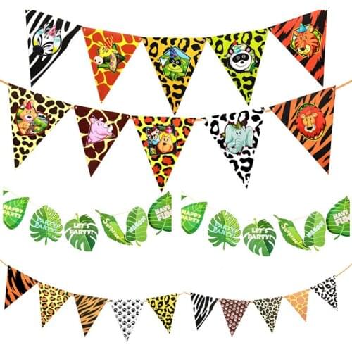 Baby Shower Green Leaves Jungle Forest Animals Leopard Paper Happy Birthday Banner Flag for Wedding Birthday Party Decoration
