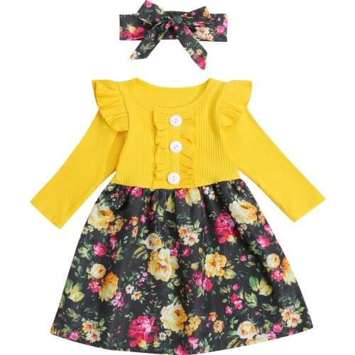 Kids Baby Dress Long Sleeve Flower Print Ruffle Decoration High Waist Patchwork Knitted Cotton Casual Dress Headband 6M-5Y Kids