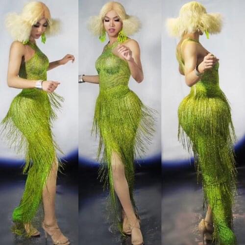 Green Fringes Long Dress Rhinestone Tassel Dance Outfit Wear Singer Nightclub Show Evening Birthday Celebrate Dresses DT001