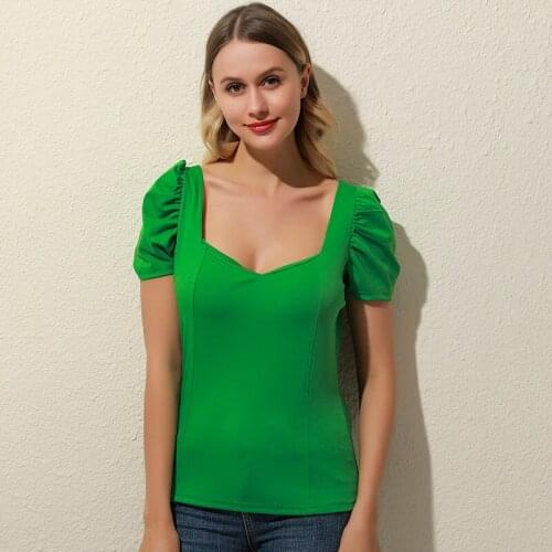 Summer Ruffled Casual T-Shirt Short Sleeve Tshirt Vintage Solid Tops Women Tee Shirt Slim Red White Green Femme Pullover