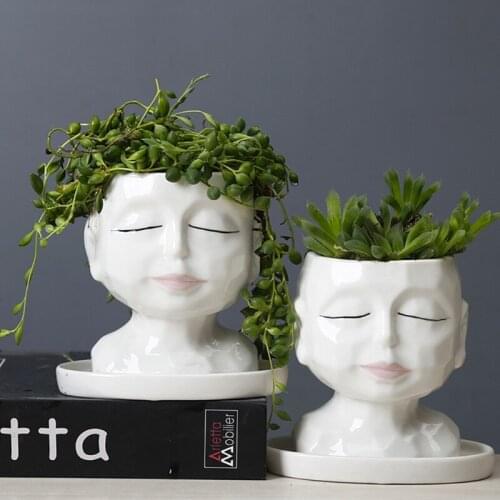 Face Head Design Succulents Plant Pot with Drainage Hole Indoor Outdoor Ceramic Cactus Planter Flower Pot