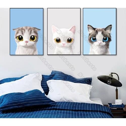 Modern Style Canvas Painting Poster and Print Cute Cats with Big Blue Yellow Green Colors for Home Rooms Gallery Wall Decorati
