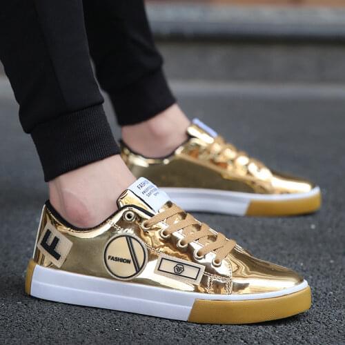 Men Shoes Fashiona Patent Leather Sneakers High Tops Gold Silver Hip Hop Boots Glossy Lighted Brand Designer Shoes Flats Size 46