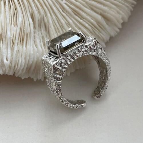 Origin Summer Unique Design Square Wide Tin Foil Ring for Women Silver Color Metallic Open Adjustable Index Finger Ring Jewelry