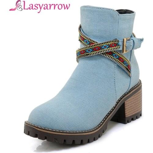 Lasyarrow Autumn High-Heeled Womens Boots Motorcycle Boots Denim Thick Bottom Platform Side Zipper Martin Boots Bohemia Buckle